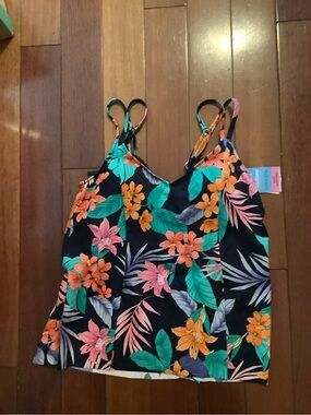 Swim Solutions Floral Tankini Top in Black, Orange, Pink, Green. Size 10 NWT